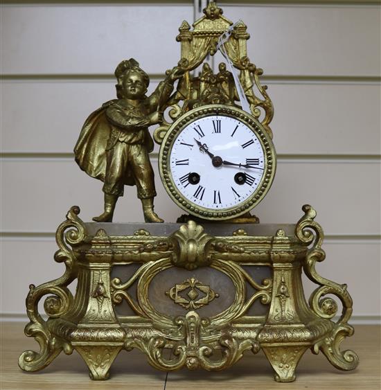 A 19th century French gilt spelter and alabaster eight day mantel clock, height 38cm